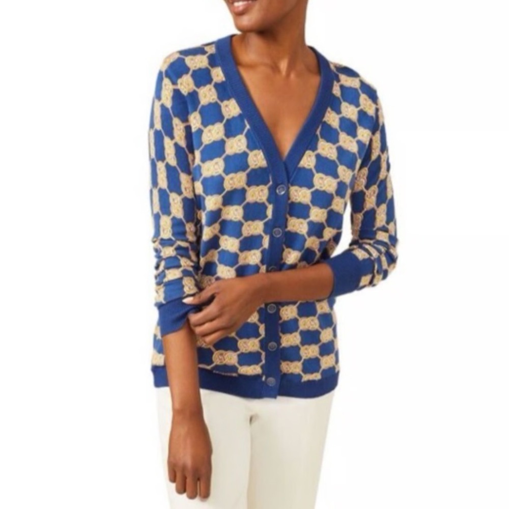J McLaughlin Kristyn Cardigan Navy Gold Chain Print‎ V Neck Button Front M